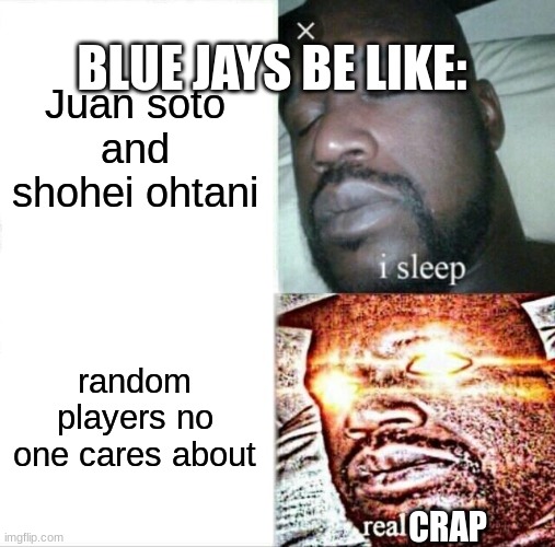 blue Jays be like: | BLUE JAYS BE LIKE:; Juan soto and shohei ohtani; random players no one cares about; CRAP | image tagged in memes,sleeping shaq,toronto blue jays,baseball,mlb,mlb baseball | made w/ Imgflip meme maker