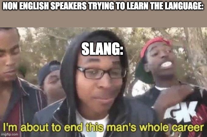 I am a native english speaker and slang is always trying to unnative me lol | NON ENGLISH SPEAKERS TRYING TO LEARN THE LANGUAGE:; SLANG: | image tagged in i m about to end this man s whole career,words,language | made w/ Imgflip meme maker