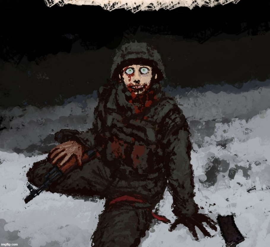 (Credit goes to the original artist) (Bat:this gave me the idea of a soldier we meet whos a cannibal) | image tagged in disturbing,timezone,artwork,art,painting,military | made w/ Imgflip meme maker