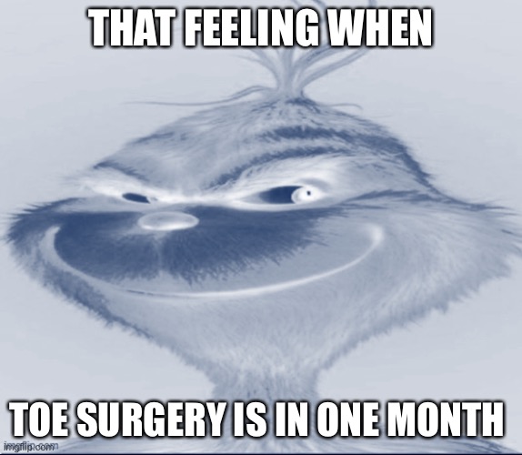 Yellow Grinch Meme | THAT FEELING WHEN; TOE SURGERY IS IN ONE MONTH | image tagged in yellow grinch meme | made w/ Imgflip meme maker