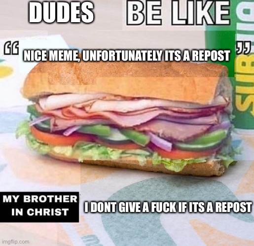 X be like "X", my brother in Christ, X | DUDES; NICE MEME, UNFORTUNATELY ITS A REPOST; I DONT GIVE A FUCK IF ITS A REPOST | image tagged in x be like x my brother in christ x | made w/ Imgflip meme maker