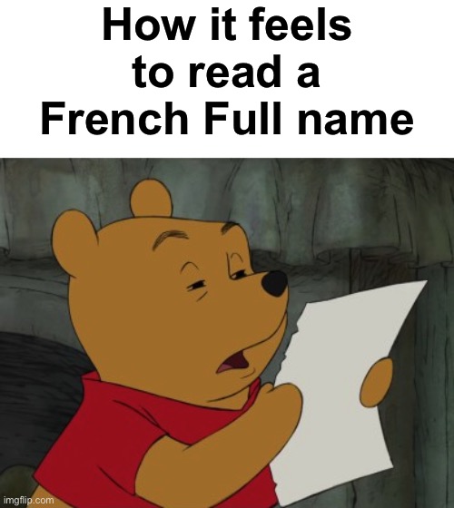 Look up any name and you will see how long they are | How it feels to read a French Full name | image tagged in winnie the pooh reading,names,msmg | made w/ Imgflip meme maker