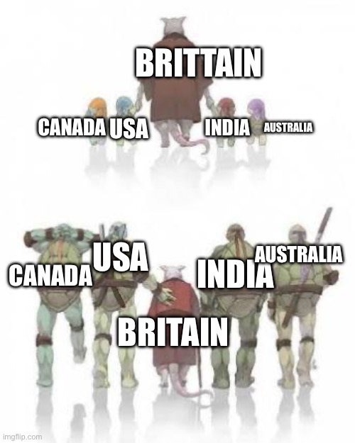 TMNT Grown up | BRITTAIN; CANADA; USA; AUSTRALIA; INDIA; AUSTRALIA; USA; CANADA; BRITAIN; INDIA | image tagged in tmnt grown up | made w/ Imgflip meme maker