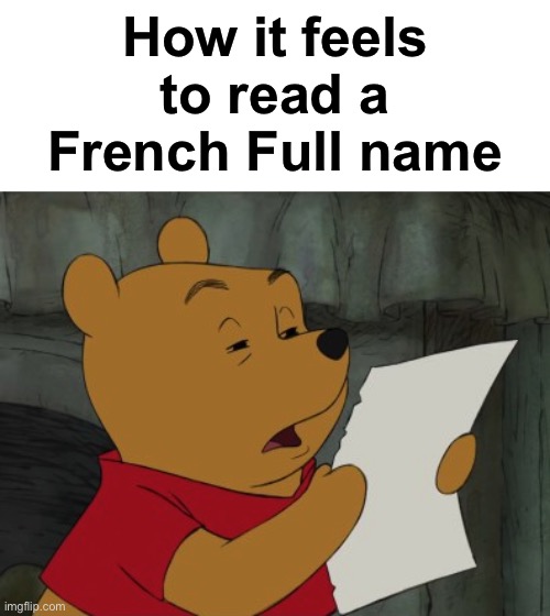 Idk what to type | How it feels to read a French Full name | image tagged in winnie the pooh reading,france,funny,memes | made w/ Imgflip meme maker