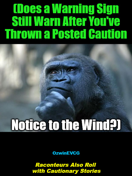 Raconteurs...Stories | (Does a Warning Sign 

Still Warn After You've 

Thrown a Posted Caution; Notice to the Wind?); OzwinEVCG; Raconteurs Also Roll 

with Cautionary Stories | image tagged in deep thoughts,warnings,cautions,safety,philosophy,unsolved mysteries | made w/ Imgflip meme maker