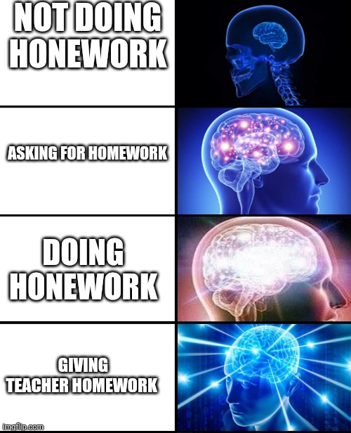 Expanding brain 4 panels | NOT DOING HONEWORK ASKING FOR HOMEWORK DOING HONEWORK GIVING TEACHER HOMEWORK | image tagged in expanding brain 4 panels | made w/ Imgflip meme maker