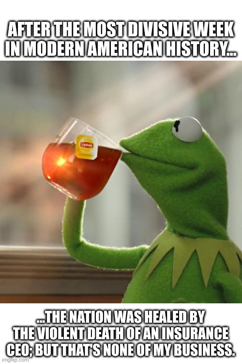 But That's None Of My Business | AFTER THE MOST DIVISIVE WEEK IN MODERN AMERICAN HISTORY... ...THE NATION WAS HEALED BY THE VIOLENT DEATH OF AN INSURANCE CEO; BUT THAT'S NONE OF MY BUSINESS. | image tagged in memes,but that's none of my business,kermit the frog | made w/ Imgflip meme maker