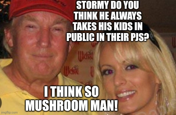 Side chick | STORMY DO YOU THINK HE ALWAYS TAKES HIS KIDS IN PUBLIC IN THEIR PJS? I THINK SO MUSHROOM MAN! | image tagged in side chick | made w/ Imgflip meme maker