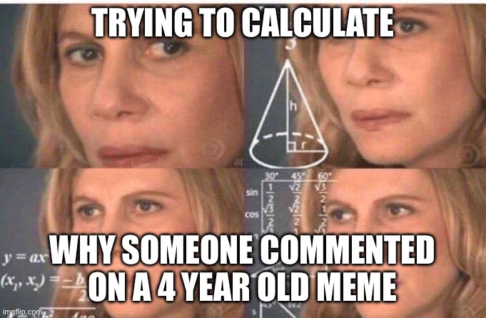 Math lady/Confused lady | TRYING TO CALCULATE; WHY SOMEONE COMMENTED ON A 4 YEAR OLD MEME | image tagged in math lady/confused lady | made w/ Imgflip meme maker