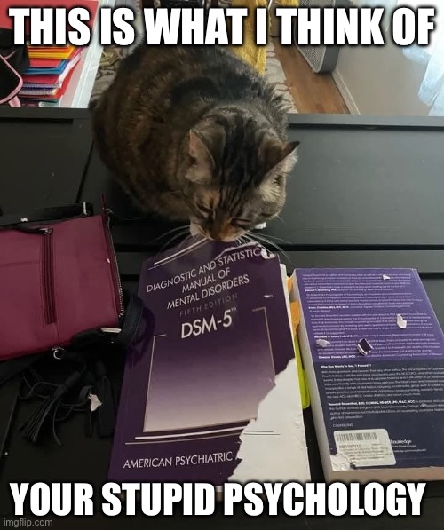 Eating the diagnoses | THIS IS WHAT I THINK OF; YOUR STUPID PSYCHOLOGY | image tagged in diagnose,psychology,cat | made w/ Imgflip meme maker