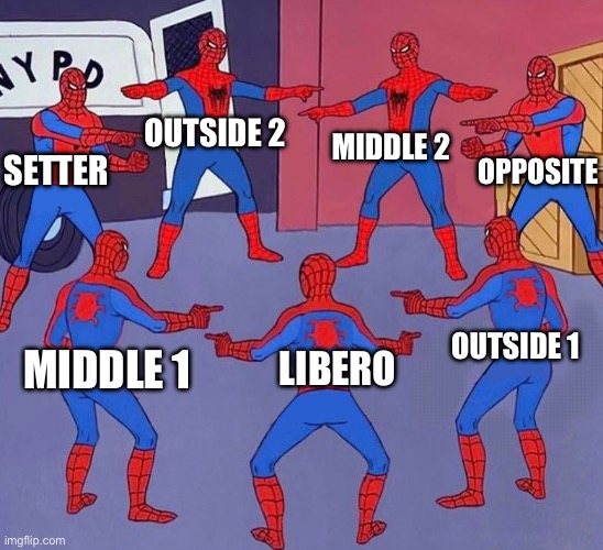 Volleyball rage | MIDDLE 2; OUTSIDE 2; OPPOSITE; SETTER; OUTSIDE 1; LIBERO; MIDDLE 1 | image tagged in same spider man 7,volleyball | made w/ Imgflip meme maker