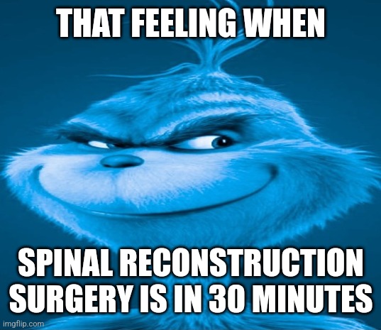 Blue Grinch | THAT FEELING WHEN; SPINAL RECONSTRUCTION SURGERY IS IN 30 MINUTES | image tagged in blue grinch | made w/ Imgflip meme maker