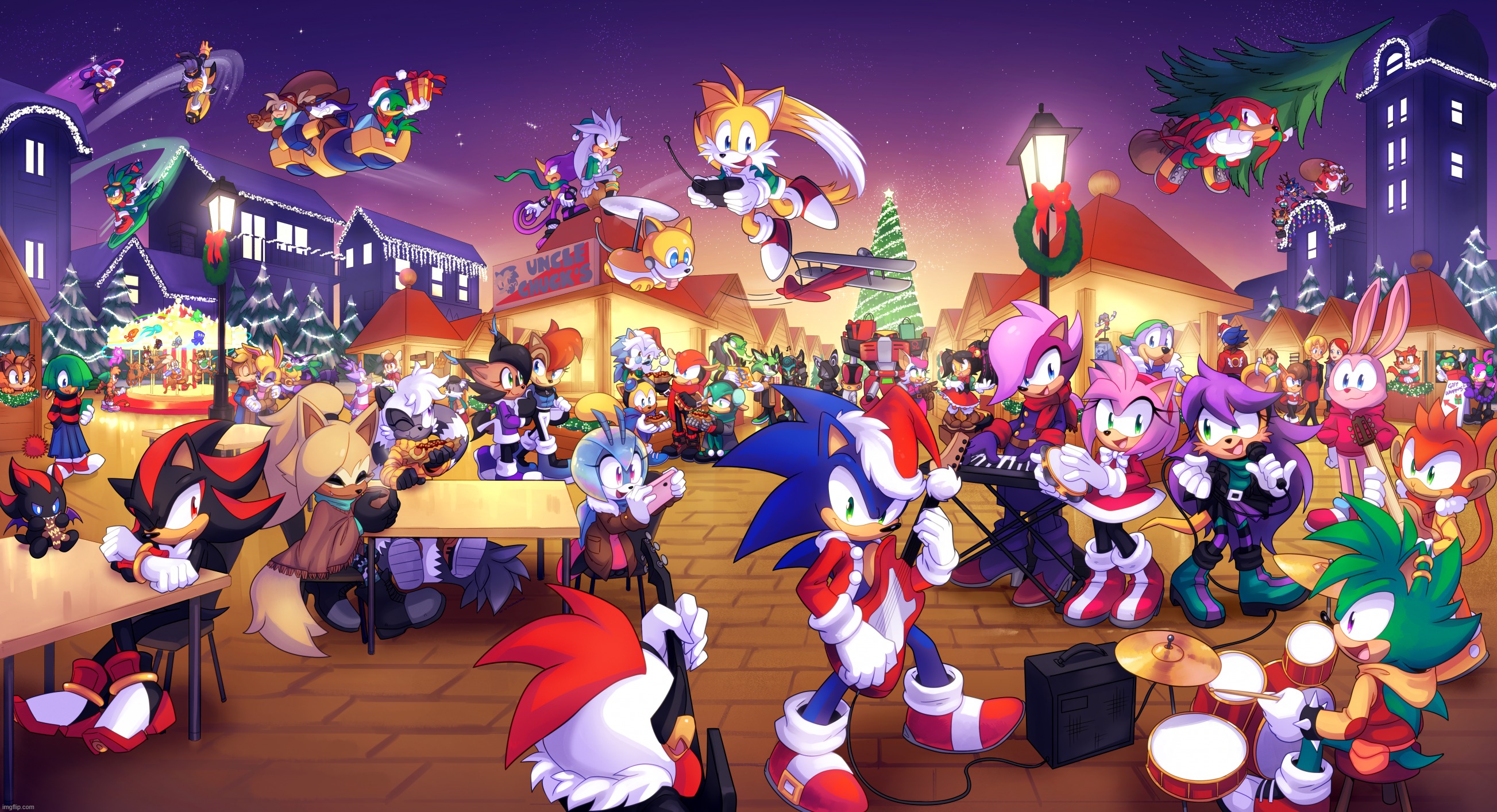 There is no escape from Sonic even when searching for Christmas templates | image tagged in merry christmas happy holiday poster | made w/ Imgflip meme maker