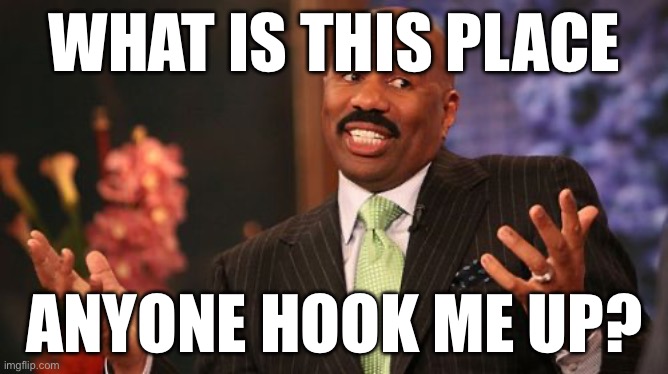 Steve Harvey | WHAT IS THIS PLACE; ANYONE HOOK ME UP? | image tagged in memes,steve harvey,animevac has no life | made w/ Imgflip meme maker