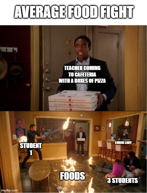 average food fight in school | AVERAGE FOOD FIGHT; TEACHER COMING TO CAFETERIA WITH A BOXES OF PIZZA; LUNCH LADY; STUDENT 1; FOODS; 3 STUDENTS | image tagged in community fire pizza meme,memes | made w/ Imgflip meme maker