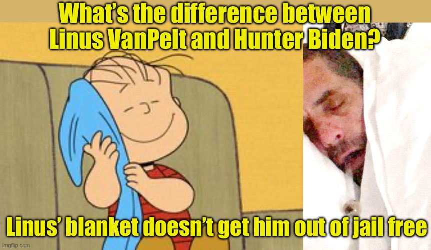 Hunter’s security blanket pardon from daddy | What’s the difference between Linus VanPelt and Hunter Biden? Linus’ blanket doesn’t get him out of jail free | image tagged in linus and his blanket,hunter biden,blanket,pardon | made w/ Imgflip meme maker