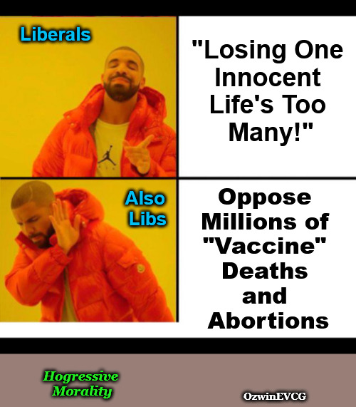 Hogressive Morality | Liberals; "Losing One 

Innocent 

Life's Too 

Many!"; Oppose 

Millions of 

"Vaccine" 

Deaths 

and 

Abortions; Also 

Libs; Hogressive 

Morality; OzwinEVCG | image tagged in drake reverse,liberal logic,liberal hypocrisy,say what,say what again,clown world | made w/ Imgflip meme maker