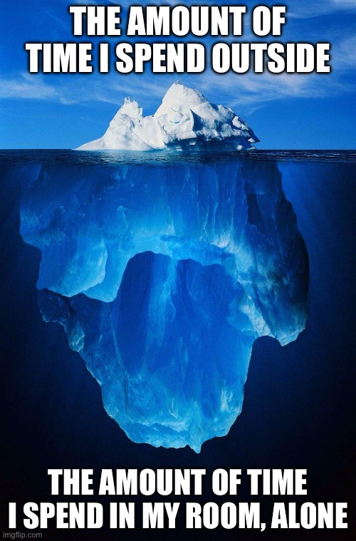 iceberg | THE AMOUNT OF TIME I SPEND OUTSIDE; THE AMOUNT OF TIME I SPEND IN MY ROOM, ALONE | image tagged in iceberg | made w/ Imgflip meme maker