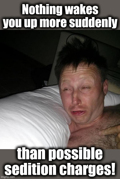 Limmy waking up | Nothing wakes you up more suddenly than possible sedition charges! | image tagged in limmy waking up | made w/ Imgflip meme maker