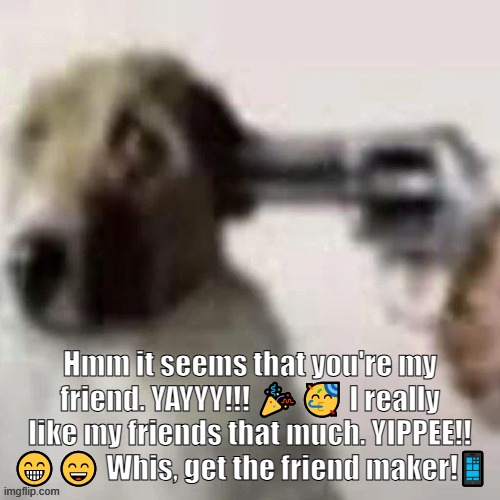 dog gunpoint | Hmm it seems that you're my friend. YAYYY!!! 🎉🥳 I really like my friends that much. YIPPEE!! 😁😄 Whis, get the friend maker!📱 | image tagged in dog gunpoint | made w/ Imgflip meme maker