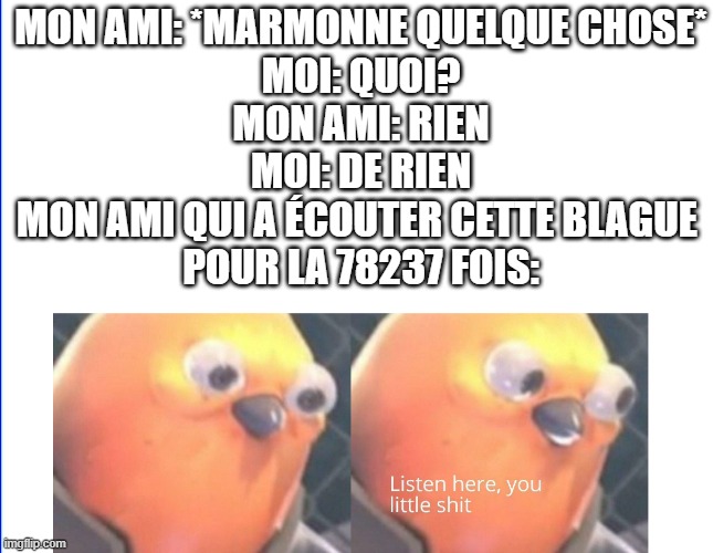 Translate it to english and you will understand. | MON AMI: *MARMONNE QUELQUE CHOSE*
MOI: QUOI?
MON AMI: RIEN
MOI: DE RIEN
MON AMI QUI A ÉCOUTER CETTE BLAGUE 
POUR LA 78237 FOIS: | image tagged in listen here you little shit | made w/ Imgflip meme maker