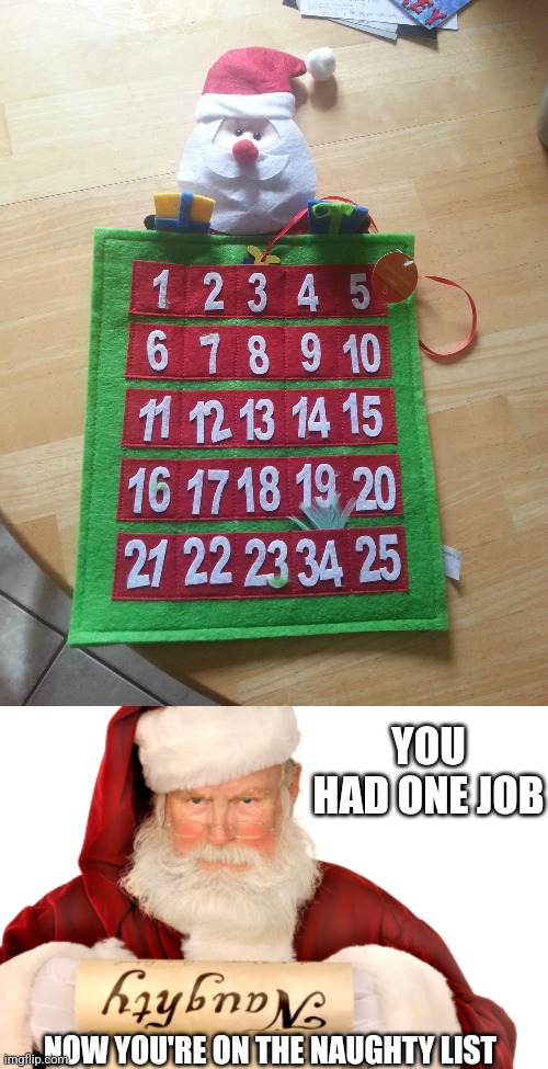 34? | YOU HAD ONE JOB; NOW YOU'RE ON THE NAUGHTY LIST | image tagged in santa naughty list,fail,you had one job | made w/ Imgflip meme maker