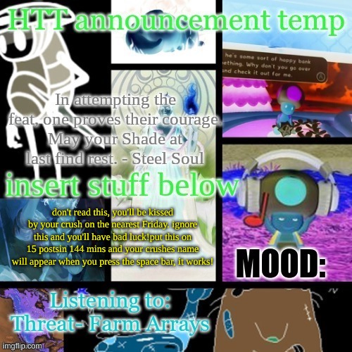 1 | don't read this, you'll be kissed by your crush on the nearest Friday. ignore this and you'll have bad luck!put this on 15 postsin 144 mins and your crushes name will appear when you press the space bar, it works! | image tagged in etalpmet tnemecnuonna etacah | made w/ Imgflip meme maker
