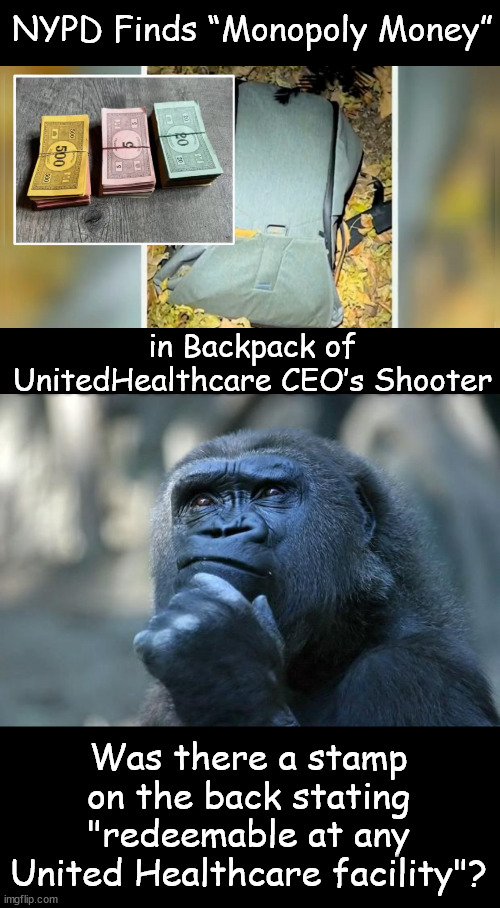 What's the connection between United Healthcare and Monopoly money? | NYPD Finds “Monopoly Money”; in Backpack of UnitedHealthcare CEO’s Shooter; Was there a stamp on the back stating "redeemable at any United Healthcare facility"? | image tagged in deep thoughts,united healthcare,monopoly money | made w/ Imgflip meme maker