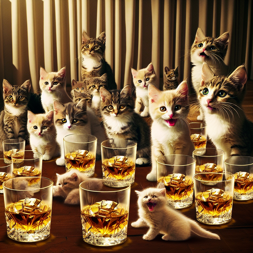 many glasses of whiskey and many cute kittens giggling Blank Meme Template