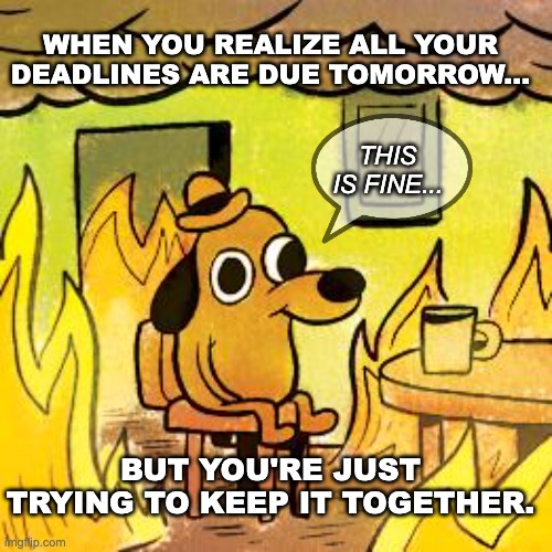 stressed dog | WHEN YOU REALIZE ALL YOUR DEADLINES ARE DUE TOMORROW... THIS IS FINE... BUT YOU'RE JUST TRYING TO KEEP IT TOGETHER. | image tagged in dog in burning house | made w/ Imgflip meme maker