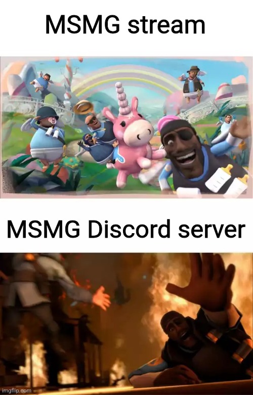 Pyrovision | MSMG stream; MSMG Discord server | image tagged in pyrovision | made w/ Imgflip meme maker