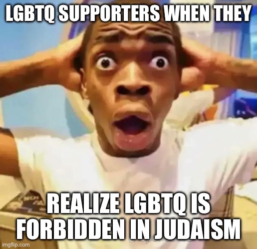 H O M O P H O B E S A R E N A Z I S ! | LGBTQ SUPPORTERS WHEN THEY; REALIZE LGBTQ IS FORBIDDEN IN JUDAISM | image tagged in shocked black guy | made w/ Imgflip meme maker