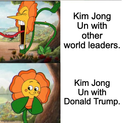 Image Title | Kim Jong Un with other world leaders. Kim Jong Un with Donald Trump. | image tagged in cuphead flower,memes,funny,relatable,donald trump,kim jong un | made w/ Imgflip meme maker