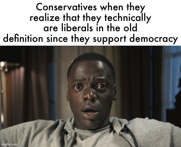 Get Out meme | Conservatives when they realize that they technically are liberals in the old definition since they support democracy | image tagged in get out meme | made w/ Imgflip meme maker