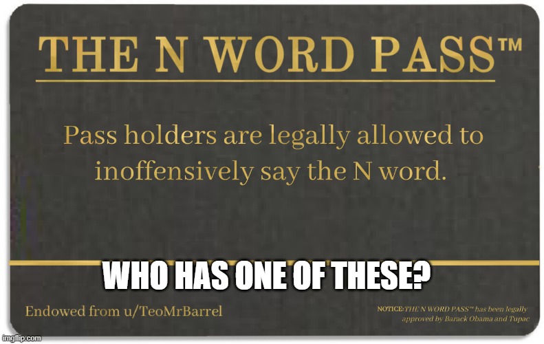 who has one of these? | WHO HAS ONE OF THESE? | image tagged in n word pass | made w/ Imgflip meme maker