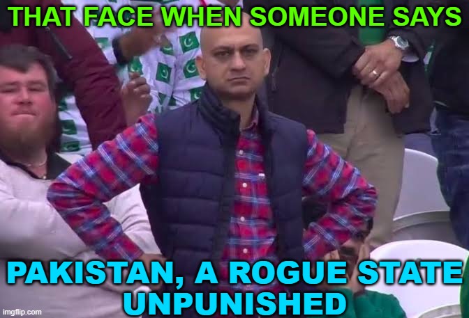 TFW Someone Says; Pakistan, A Rogue State Unpunished | THAT FACE WHEN SOMEONE SAYS; PAKISTAN, A ROGUE STATE
UNPUNISHED | image tagged in disappointed man,pakistan,india,nuclear war,world war 3,scumbag america | made w/ Imgflip meme maker