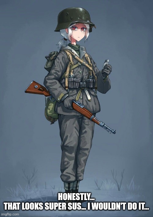 WWII female German soldier sus | HONESTLY…
THAT LOOKS SUPER SUS… I WOULDN'T DO IT… | image tagged in sus | made w/ Imgflip meme maker