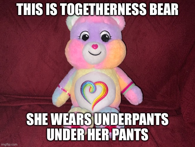 Be like her ! | THIS IS TOGETHERNESS BEAR; SHE WEARS UNDERPANTS UNDER HER PANTS | image tagged in be like togetherness bear | made w/ Imgflip meme maker