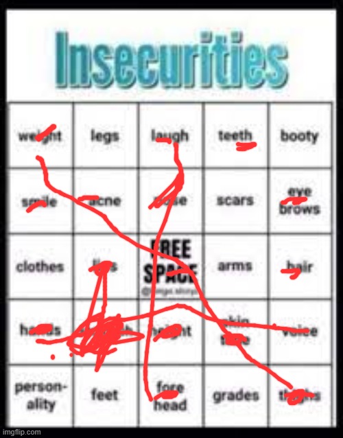 i actually didnt realise how insecure i am lmao | image tagged in insecurities bingo | made w/ Imgflip meme maker