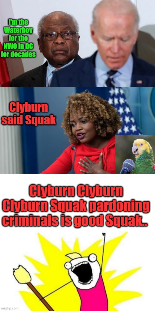 She used his name a dozen times trying to convience you that pardoning criminals was good. | I'm the Waterboy for the NWO in DC for decades; Clyburn said Squak; Clyburn Clyburn Clyburn Squak pardoning criminals is good Squak.. | image tagged in memes,x all the y | made w/ Imgflip meme maker