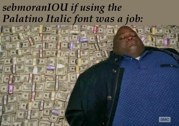 huell money | sebmoranIOU if using the Palatino Italic font was a job: | image tagged in huell money | made w/ Imgflip meme maker