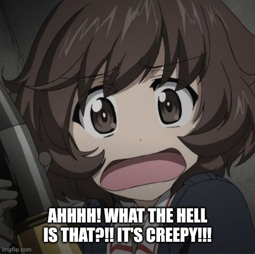 Yukari Akiyama frightened | AHHHH! WHAT THE HELL IS THAT?!! IT'S CREEPY!!! | image tagged in girls und panzer,anime,anime girl,so cute,cute,reactions | made w/ Imgflip meme maker