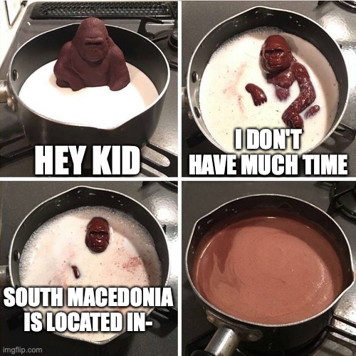 WHERE'S SOUTH MACEDONIA!? | HEY KID; I DON'T HAVE MUCH TIME; SOUTH MACEDONIA IS LOCATED IN- | image tagged in chocolate gorilla,country,memes,funny | made w/ Imgflip meme maker