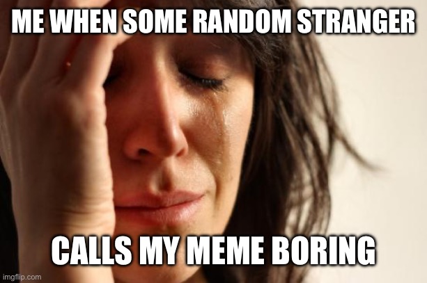 First World Problems Meme | ME WHEN SOME RANDOM STRANGER CALLS MY MEME BORING | image tagged in memes,first world problems | made w/ Imgflip meme maker