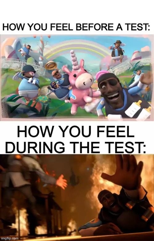 Pyrovision | HOW YOU FEEL BEFORE A TEST:; HOW YOU FEEL DURING THE TEST: | image tagged in pyrovision,memes,tf2,funny | made w/ Imgflip meme maker