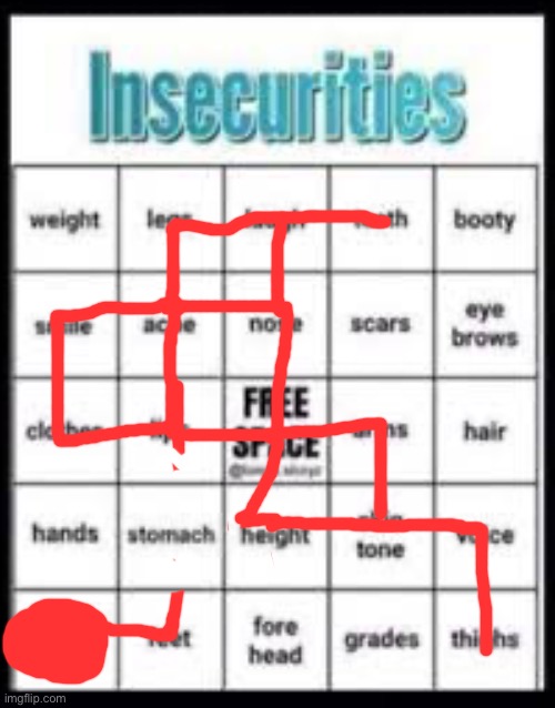 Do I get like an honorary bingo or something | image tagged in insecurities bingo | made w/ Imgflip meme maker