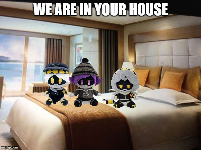 plushies | WE ARE IN YOUR HOUSE | image tagged in cruise ship bedroom | made w/ Imgflip meme maker