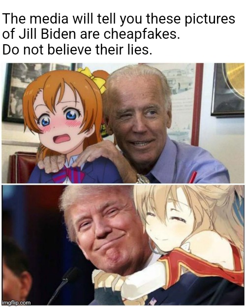 Joe Biden vs Donald Trump | The media will tell you these pictures
of Jill Biden are cheapfakes.
Do not believe their lies. | image tagged in joe biden vs donald trump | made w/ Imgflip meme maker