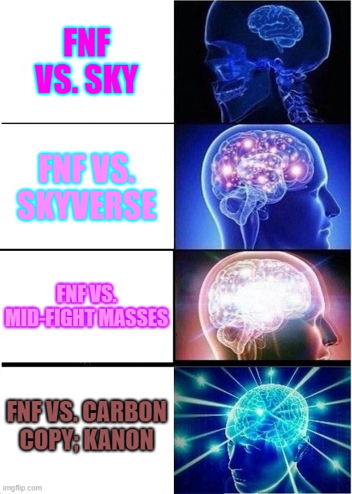 My opinions on the top 4 FNF mods | FNF VS. SKY; FNF VS. SKYVERSE; FNF VS. MID-FIGHT MASSES; FNF VS. CARBON COPY; KANON | image tagged in memes,expanding brain | made w/ Imgflip meme maker