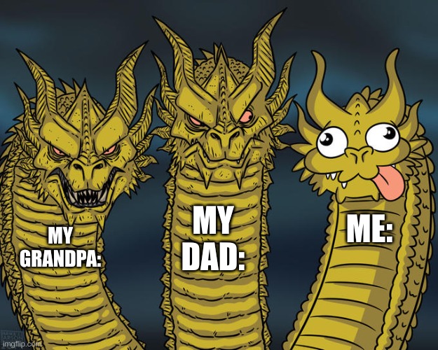 :) | MY DAD:; ME:; MY GRANDPA: | image tagged in three-headed dragon | made w/ Imgflip meme maker